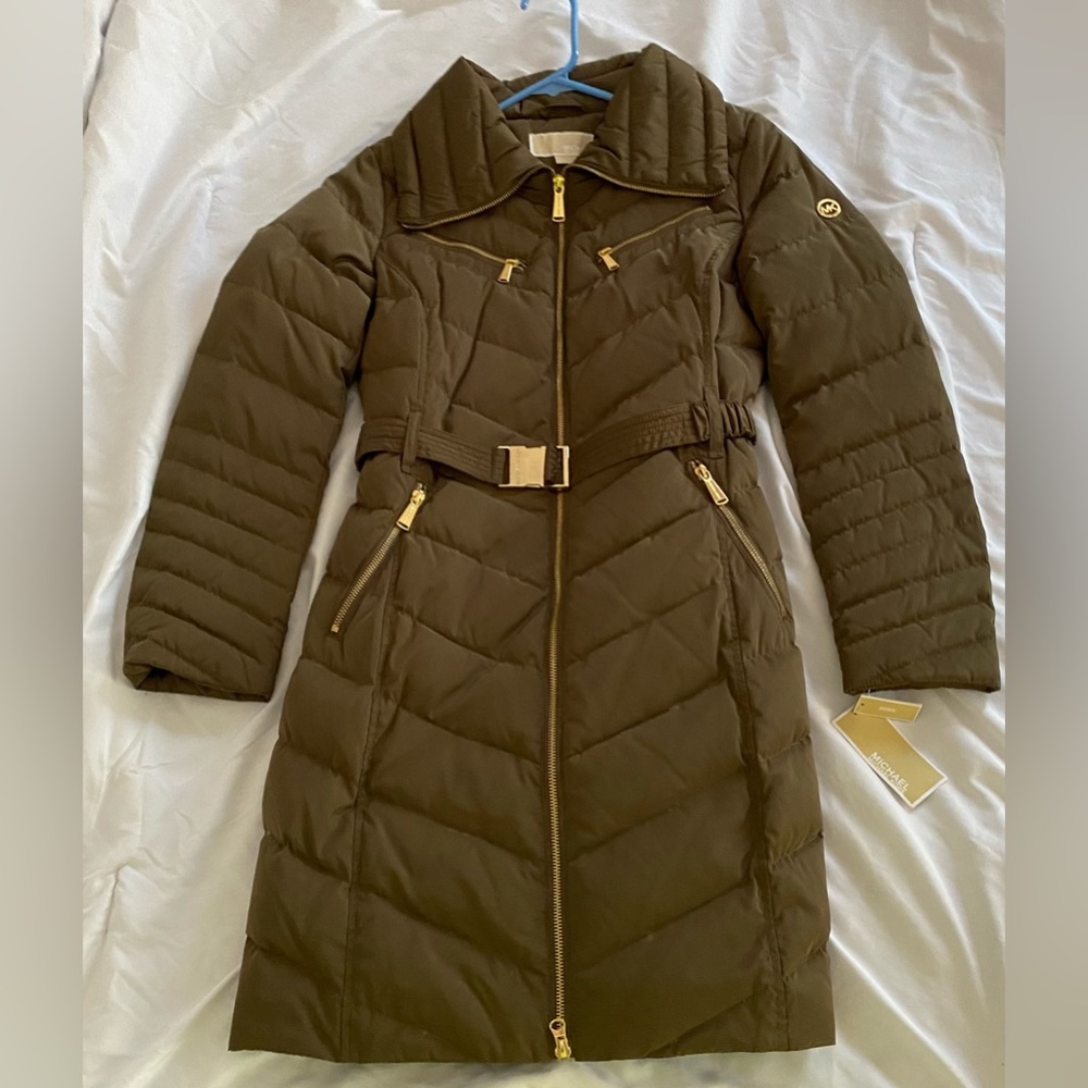 NWT Michael Kors Brown Puffer Trench Coat w/ Gold Accents